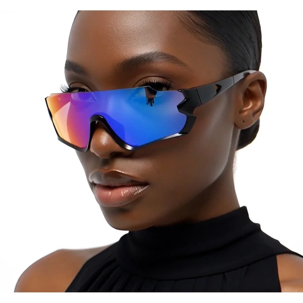 Black Shield Sunglasses Iridescent Blue Mirror Lens UV400 Sport Women Shades New